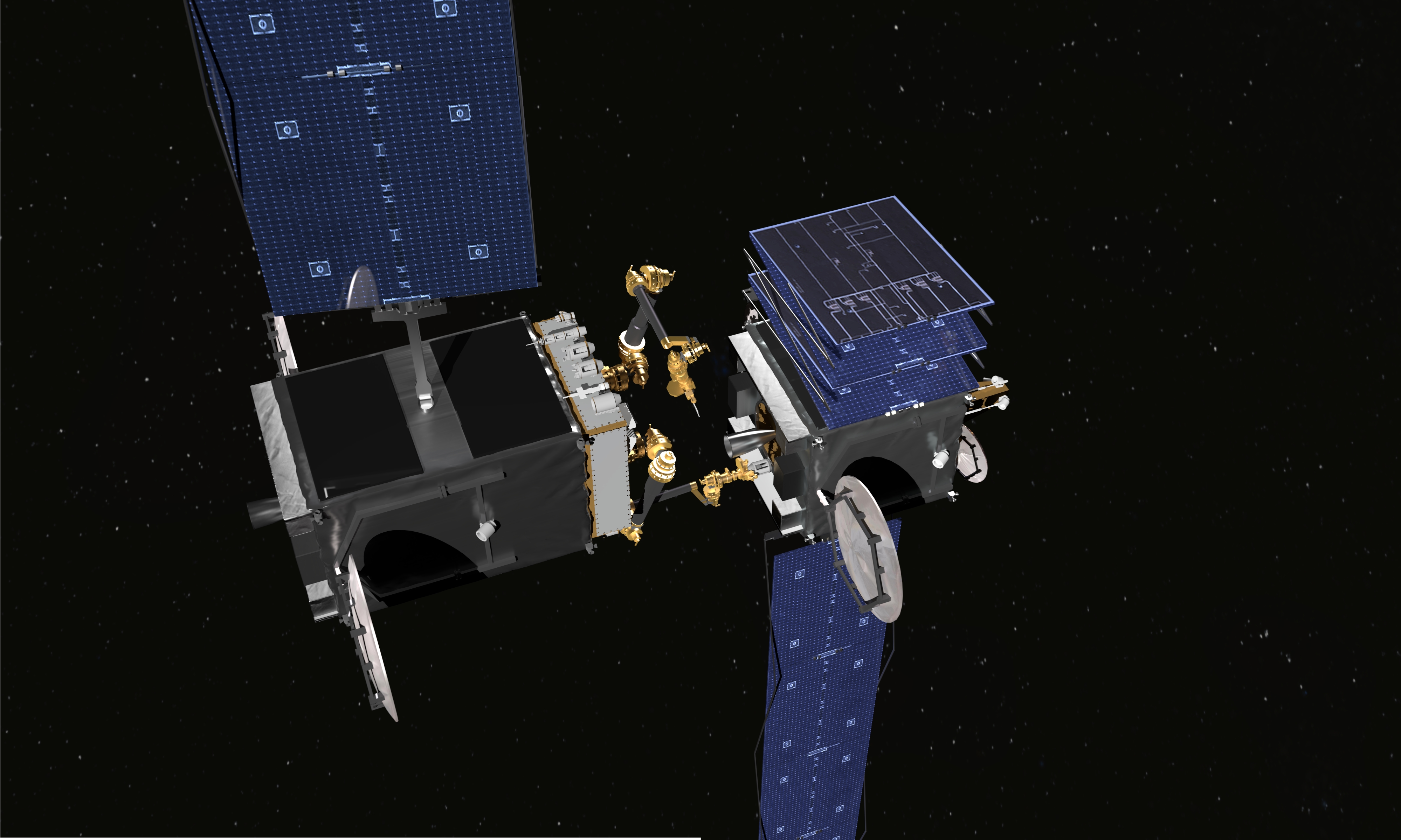 DARPA RSGS Robotic Servicing Vehicle utilizing MDA US Systems robotic arms to repair a satellite on orbit. Source: DARPA