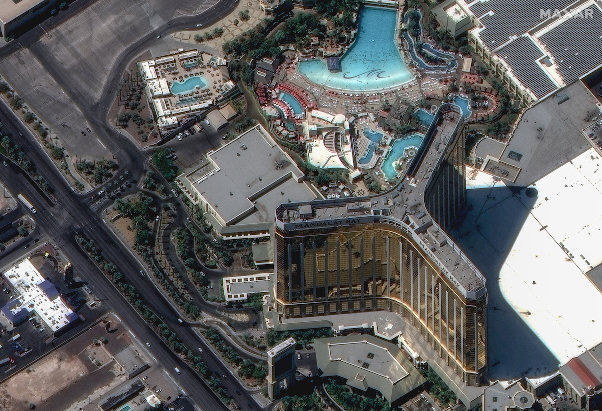 This WorldView Legion image shows the Mandalay Bay hotel in Las Vegas, Nevada where details such as people, pool chairs and umbrellas are clearly visible.