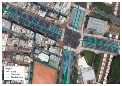 An example of the automated HD map for autonomous vehicles built by NTT DATA, Maxar Technologies and TRI-AD.