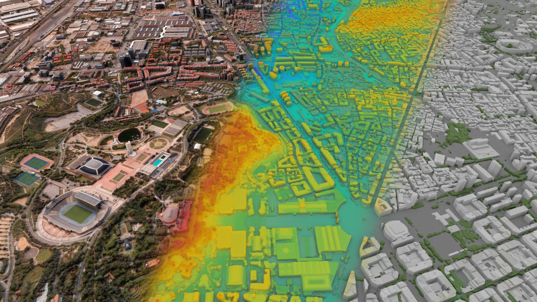 Barcelona, Spain as shown in Precision3D 3D Surface Model on the left, Precision3D Digital Surface Model in the middle and Precision3D Buildings on the right