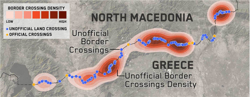 An infographic map indicating the amount of unofficial crossings on the border between North Macedonia and Greece.