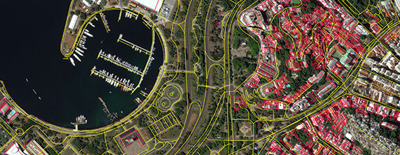 Satellite image of coastal land surrounding a bay