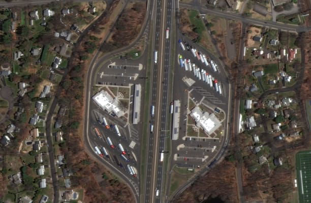 Satellite imagery of a highway rest stop