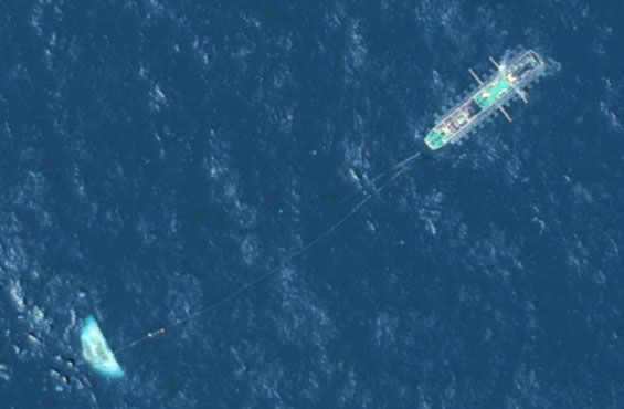  A Maxar satellite imaged a dark vessel engaged in fishing activity in the waters adjacent to the Ecuadorian exclusive economic zone in July 2020.