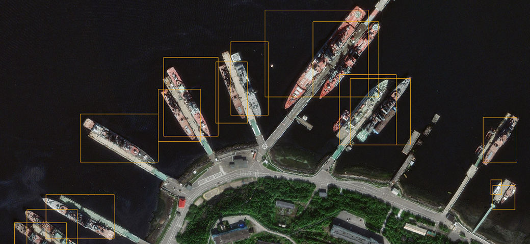 Satellite image of the Severomorsk Naval Base, home of the Russian Northern Fleet, with identification boxes overlaid on the ships