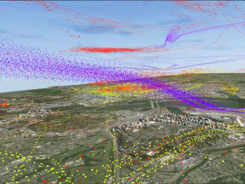 Screenshot from CityBox showing air traffic patterns over land