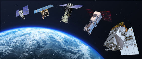 Artistic rendering of satellites in orbit over Earth 