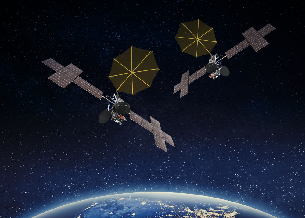 The Maxar Space-built SXM-11 and SXM-12 satellites for SiriusXM as shown in an artist rendering.