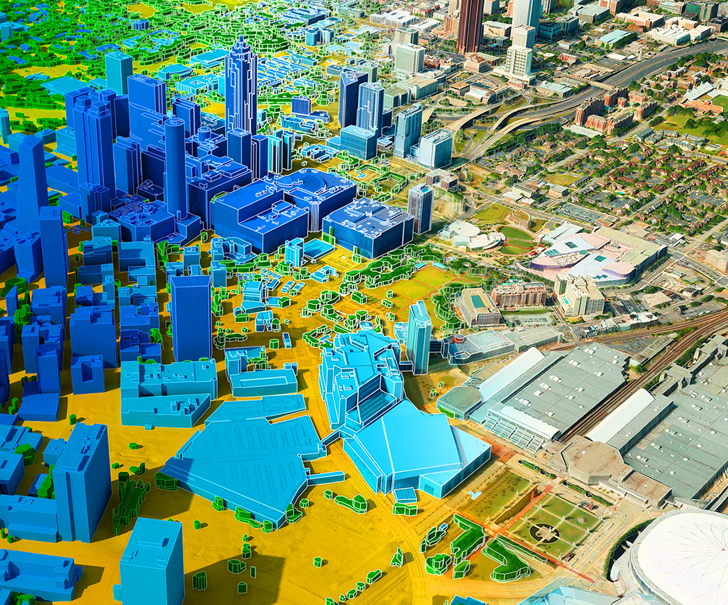 Mapa de cidade com vetores em 3D em tons de azul para edificações, verde para vegetação e amarelo para o terreno, passando gradualmente para a imagem 3D em coloração real