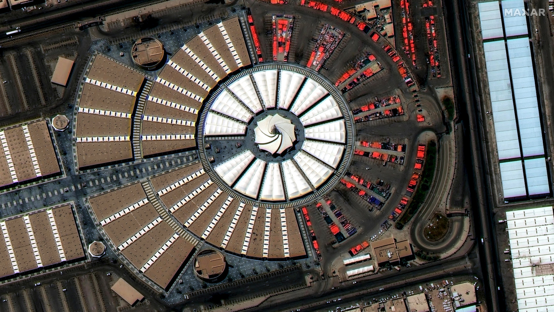 This incredible 30 cm-class satellite image of the New Haraj Market in Riyadh, Saudi Arabia, collected by WorldView Legion, features an intricate architectural design that is best seen from above. It shows the indoor and outdoor stalls and the vibrant colors of the tents. Even the different floor tile patterns are clearly distinguishable.