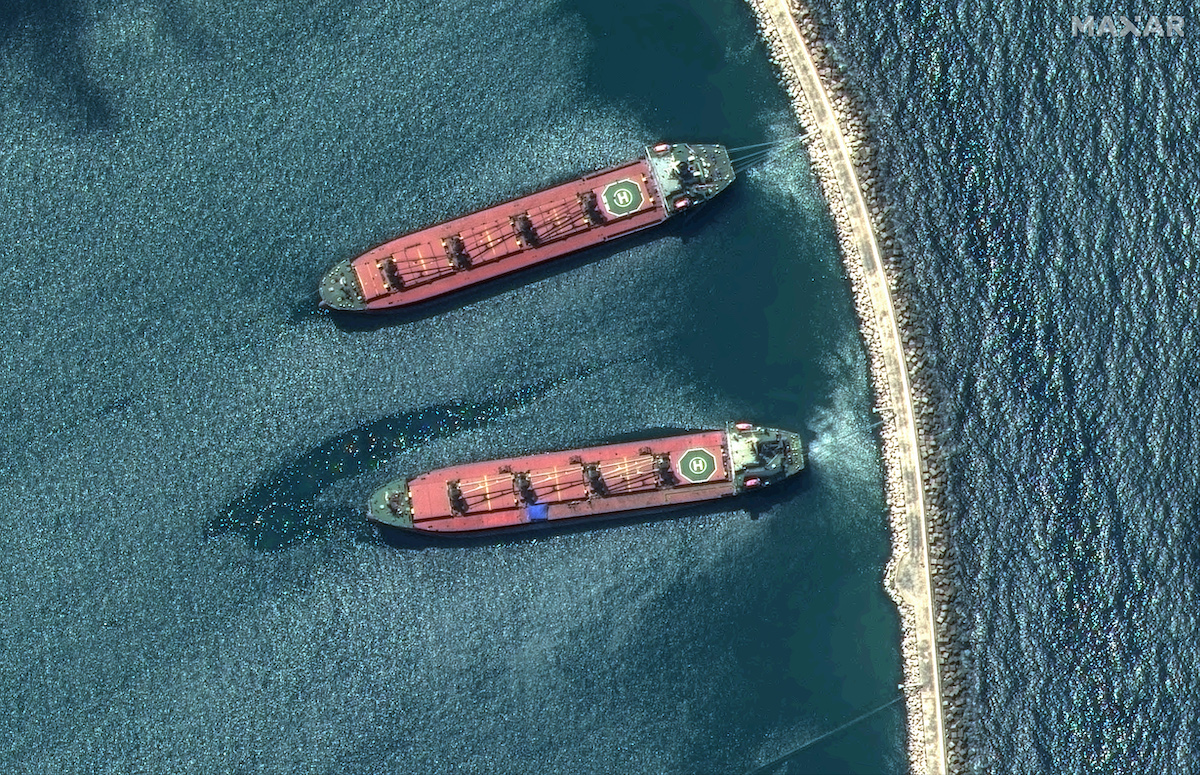 This WorldView Legion image of bulk carriers in Syria shows remarkable detail: the cranes for loading cargo, the navigational bridge on the stern, and the mooring lines attached to the jetty. 