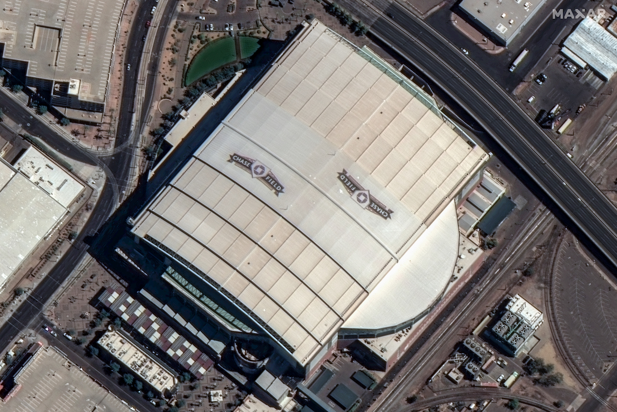 This WorldView Legion satellite image of Chase Field in Phoenix, Arizona, shows incredible details such as walkways, individual parking spaces, train tracks and road markings to support diverse mapping applications from navigation to urban planning.