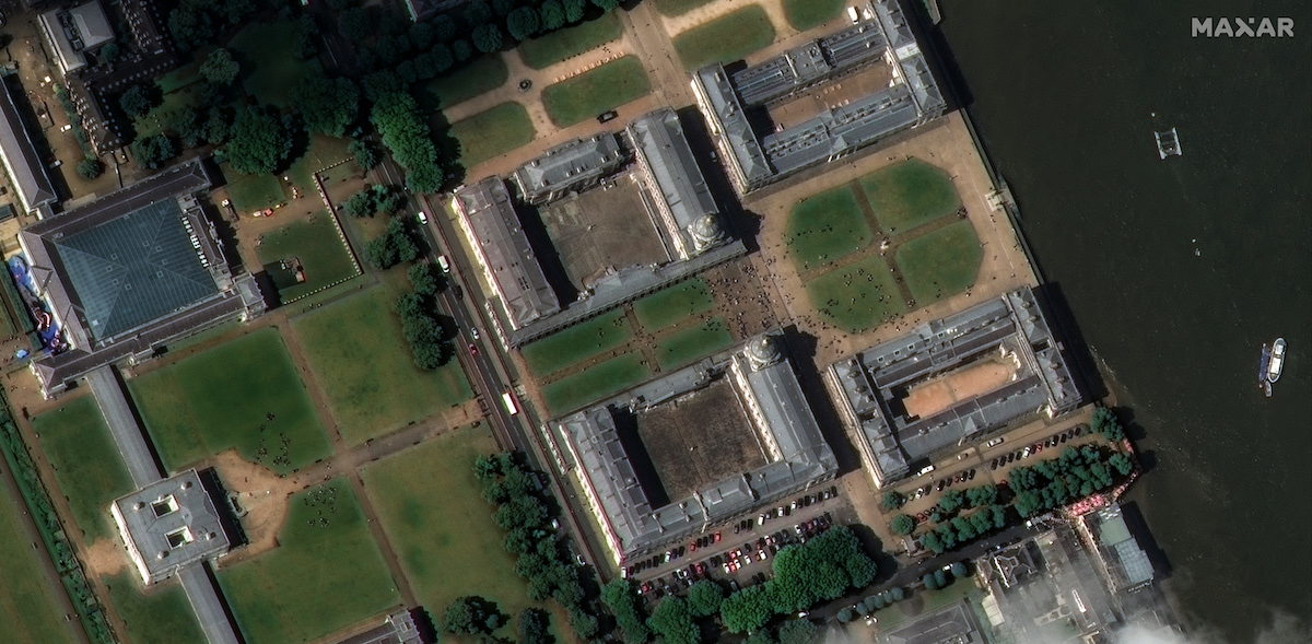 This WorldView Legion image of the University of Greenwich in London shows a crowd gathered on campus.